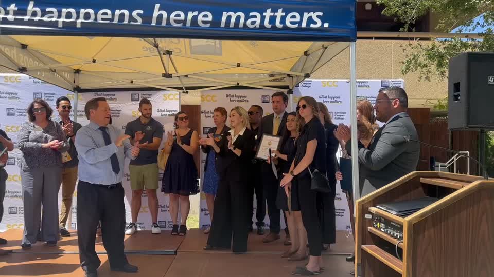 Still image out of testimonial from Santiago Canyon College's Hawk's Nest Ribbon Cutting 